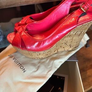Louis Vuitton Red Patent Leather coated Cork Wedge Sandals fits us 8.5